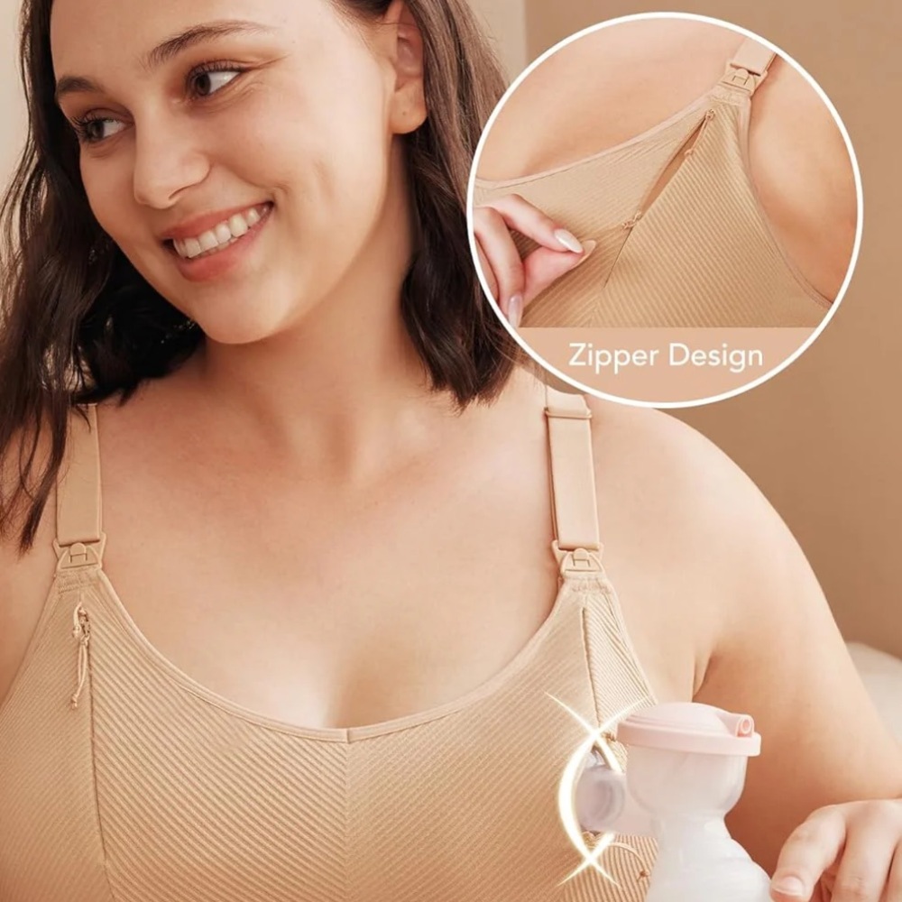 NWOT Pumping & Nursing Bra Hands Free Zip Opening in Tan, Size XL